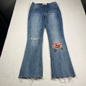 Driftwood Kick Flare Jeans Blue Floral Embroidered Boho Retro Frayed Hem Size 27